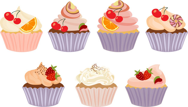 Set of insulated cakes and cupcakes on a white background.