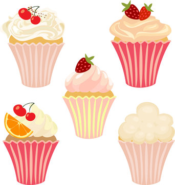 Set of insulated cakes and cupcakes on a white background.