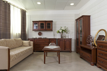 Living room interior with classic wooden furniture