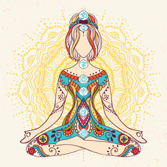 Ornament beautiful card with Vector yoga Geometric element hand drawn Types practices is Raja, Karma, Jnana, Bhakti, Hatha, kaleidoscope medallion yoga india arabic For logos banners flyers