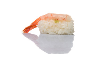Japanese prawn sushi over white background