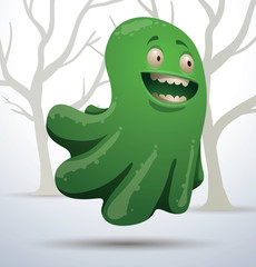 Vector funny green ghost. Cartoon image of funny green ghost on the background of silhouettes of trees.