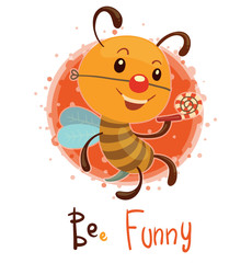 Fototapeta na wymiar Vector BEe Funny. Cartoon image of a funny bee boy with a ped clown nose on a white red background. The text is written in the curves. A kind of play on words.