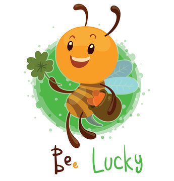 Vector BEe Lucky. Cartoon image of a funny bee boy with a pot of gold and with clover on a white green background. The text is written in the curves. A kind of play on words.