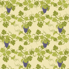 Seamless texture with vines and bunches of grapes.