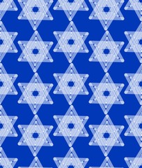 Star of David decoration tile with geometric vintage yew ornament, white stars on dark blue background, design, eps10 vector. Seamless background with religious motif.