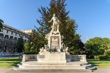 Fototapeta na wymiar Created in 1896 Wolfgang Amadeus Mozart Statue Is Located in the Burggarten in Vienna