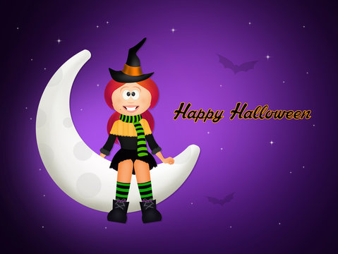 Halloween witch on the moon
