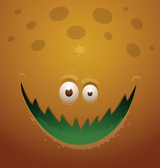 Vector monster background orange. Cartoon image of a smiling face orange monster background with two eyes and spots.