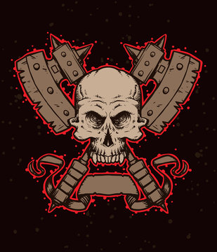 Vector emblem skull with axes. Monochrome image of a human skull with axes and banner below, with the red tracings on a dark background. Looks like a tattoo.