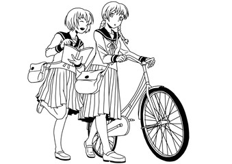 school uniforms girls with bike,