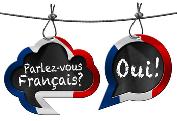 Parlez-vous Francais - Speech Bubbles / Two speech bubbles with French flag and text Parlez-vous Francais? Oui! (Do you speak French?)