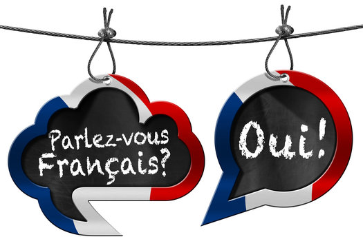 Parlez-vous Francais - Speech Bubbles / Two speech bubbles with French flag and text Parlez-vous Francais? Oui! (Do you speak French?)