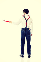 Old fashioned man pointing with big pencil.