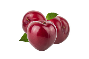 Fresh juicy plums on light background. Collage