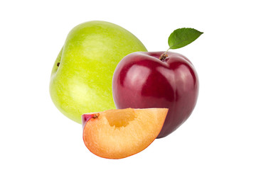 Fresh juicy fruits (plums, apple, banana) on light background. C