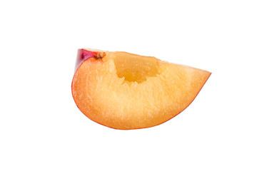 Fresh juicy plums on light background. Collage