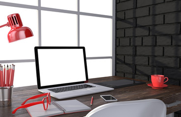3D illustration laptop and work stuff on table near brick wall, Workspace