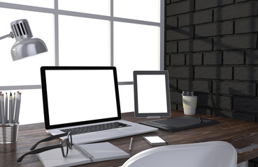 3D illustration laptop and work stuff on table near brick wall, Workspace