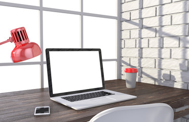 3D illustration laptop and work stuff on table near brick wall, Workspace