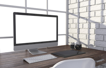 Fototapeta premium 3D illustration PC screen on table in office, Workspace