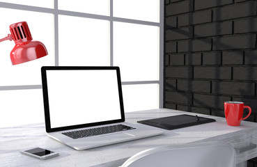 3D illustration laptop and work stuff on table near brick wall, Workspace