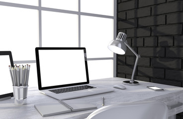 3D illustration laptop and work stuff on table near brick wall, Workspace