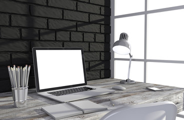 3D illustration laptop and work stuff on table near brick wall, Workspace