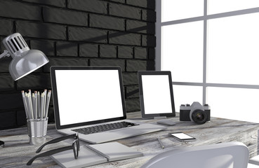 3D illustration laptop and work stuff on table near brick wall, Workspace