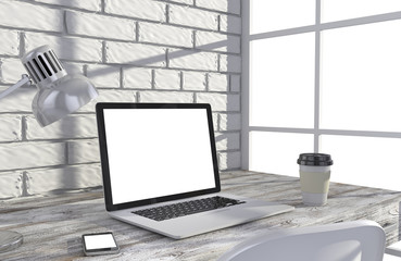 3D illustration laptop and work stuff on table near brick wall, Workspace