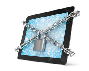 tablet PC with chains and lock isolated on white background