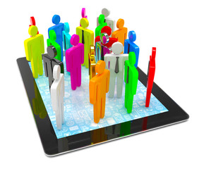 group of people figures on tablet PC, 3d render