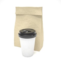 Coffee to go and lunch bag, on white.