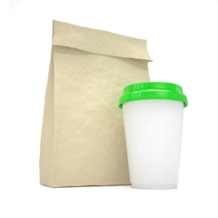 Coffee to go and lunch bag, on white.