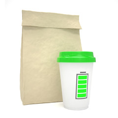 Coffee to go and lunch bag, on white.
