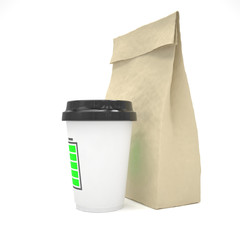 Coffee to go and lunch bag, on white.