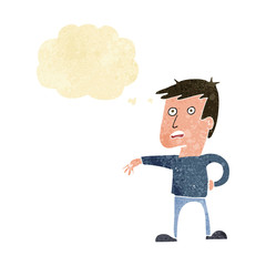 cartoon man making camp gesture with thought bubble