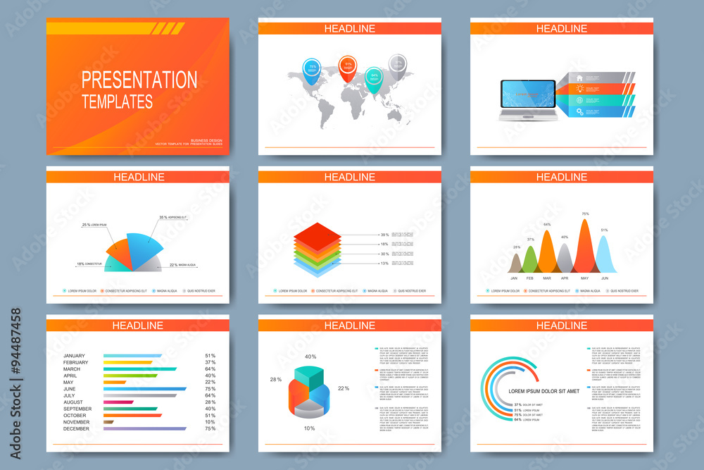 Poster Set of vector templates for presentation slides. Modern business design with graph and charts