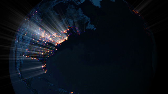 Global 0312: The planet Earth rotating in black space as city lights shoot flare out (Loop).