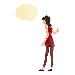 cartoon woman waving with thought bubble