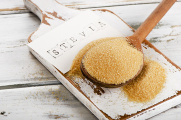 Cane sugar with stevia in  old spoon.