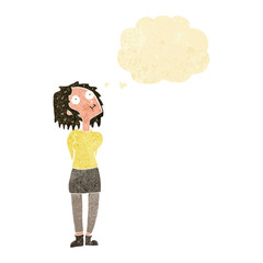 cartoon curious woman with thought bubble