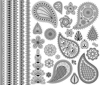 Vector vintage floral doodle elements. Flowers, payslies and five seamless borders.