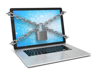 3d illustration computer security. laptop locked with chains and padlock