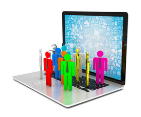 group of people figures on laptop, 3d render