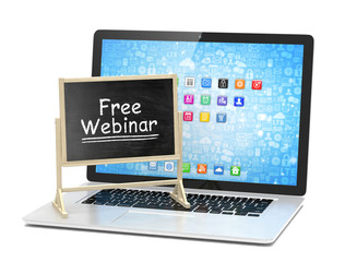 Laptop with chalkboard, free webinar, online education concept