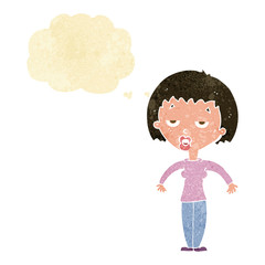 cartoon woman shrugging shoulders with thought bubble
