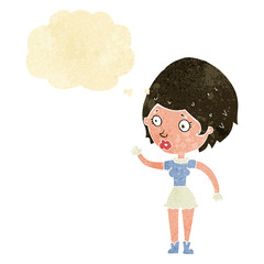 cartoon woman waving with thought bubble