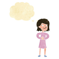 cartoon happy woman with thought bubble