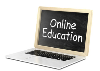  Laptop with chalkboard, online education concept